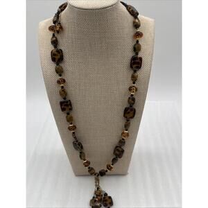 Vintage 25” Necklace Amber Glass Beads Leopard Print Gold Tone Animal Print